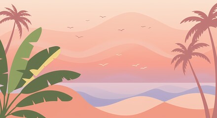 Tropical Palm Trees with Beach Sunset Vector Illustration Art