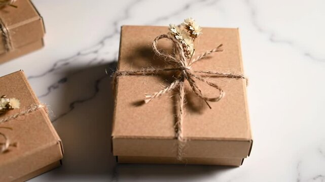 Three brown gift boxes with twine on marble background, top view