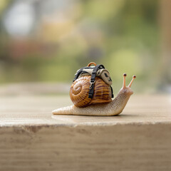 Snail with a backpack on a surface.