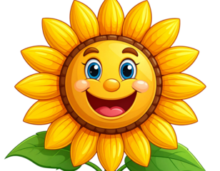 cartoon-style sunflower with smiling face, transparent background 