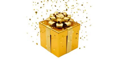 Golden gift box with ribbon and confetti
