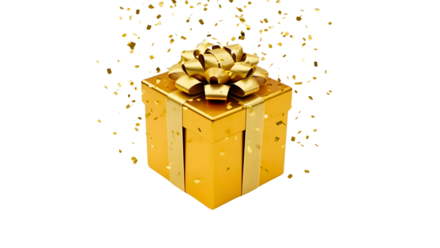 Golden gift box with ribbon and confetti
