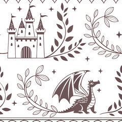 Obraz premium Fantasy seamless pattern with castles, dragons, and decorative foliage in a whimsical, storybook style. Great for kids’ room decor, fabric, and fairytale projects.