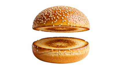 Floating sesame burger bun halves isolated on white
