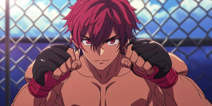 Anime MMA fighter is in the cage warming up