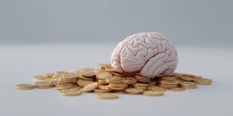 Brain model resting on pile of gold coins symbolizing wealth and knowledge