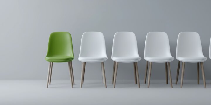 Unique green chair among white chairs in minimalist design setting