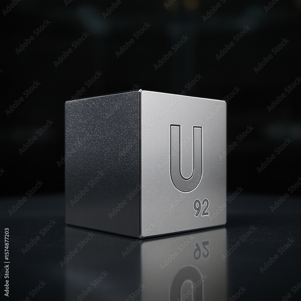 Fototapete close-up of a metallic cube representing the chemical element uranium.