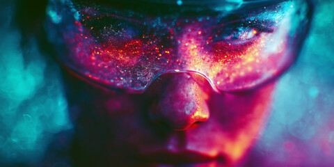 Abstract portrait with glowing face paint and vibrant neon colors