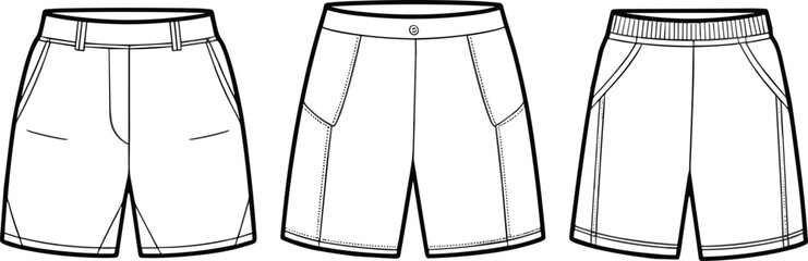 Essential shorts design, casual wear, men’s fashion, stylish clothing, wardrobe staple, summer outfit, elastic waistband, detailed stitching, pocket style, apparel illustration