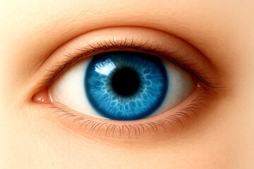 Obraz premium Extreme close-up of a realistic human blue eye with intricate iris texture, eyelashes, and skin detail, macro photography of eye anatomy for medical, science, vision, and biometric concepts