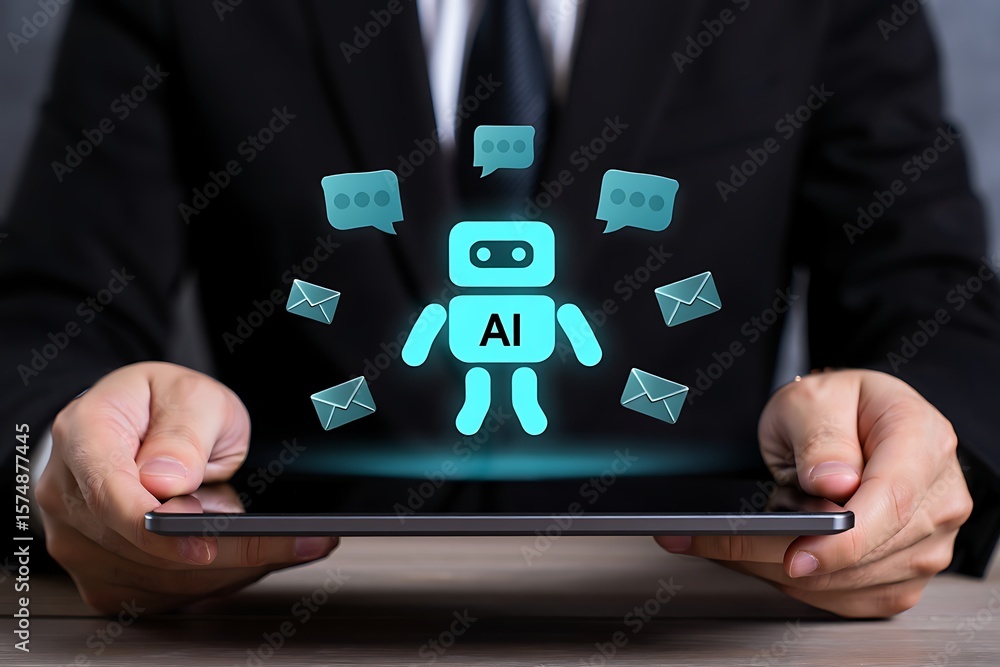 Poster a person in a suit holds a tablet displaying a glowing blue ai robot surrounded by chat bubbles and 