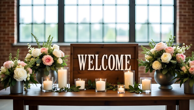 wooden sign, welcome sign, flower
arrangements, wedding decor, rustic
table,candles, window backdrop, elegant event
space