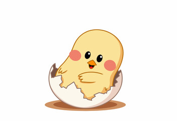 Cute yellow chick hatching from egg with cheerful expression  