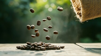 Coffee beans cascading onto rustic table natural setting close-up shot inviting ambiance captivating concept