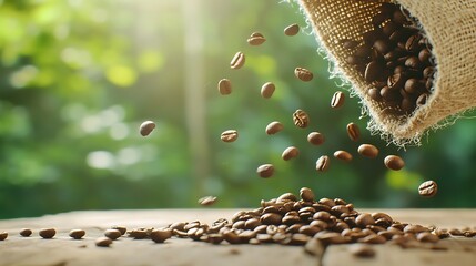 Coffee beans cascading onto a rustic table in a lush garden nature photography warm atmosphere close-up view