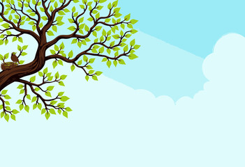Obraz premium Illustrative tree branches with green leaves against a blue sky 