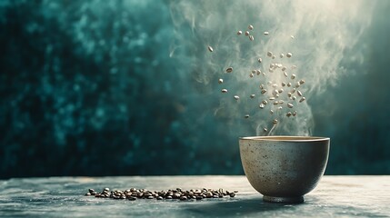Slow motion coffee beans fall into ceramic cup captured in a serene environment unique perspective captivating visuals