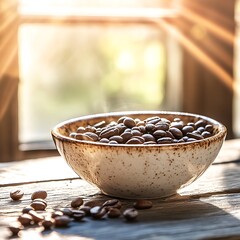 Coffee bean harvesting experience cozy kitchen food photography warm environment natural light aromatic bliss