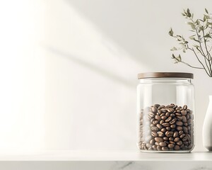 Minimalist coffee beans display in modern glass jar home kitchen decor natural light aesthetic appeal