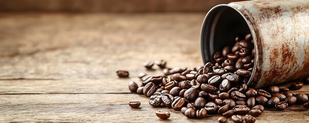 Vintage coffee beans spilling from tin can on wooden surface rustic still life natural setting close-up capture