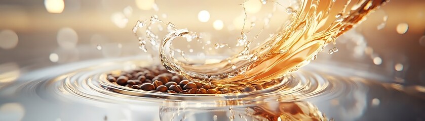 Coffee beans swirling into freshly brewed cup kitchen beverage art warm atmosphere close-up view rich aroma experience