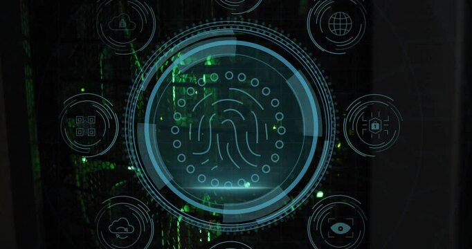 DATA PROTECTION text appearing, ring forming, fingerprint scanning, icons activating for protection