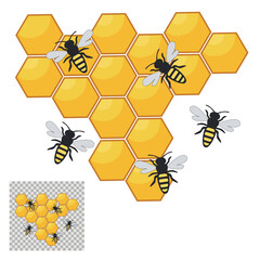 Several bees collecting honey. Honeycomb, honey and bees.
