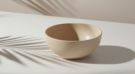 A simple cream colored bowl on a white surface with a palm frond shadow cast across the background
