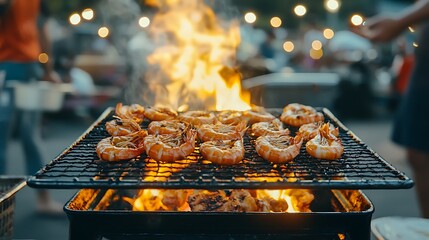 Early morning seafood market scene local river food photography vibrant environment close-up fresh river prawns grilled to perfection