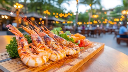 Grilled prawns delight tropical outdoor restaurant food styling evening ambiance close-up shot culinary excellence