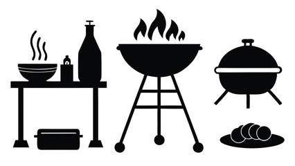 Grilling Icons BBQ Grill, Kettle Grill, Cooking Utensils, and Food Illustrations