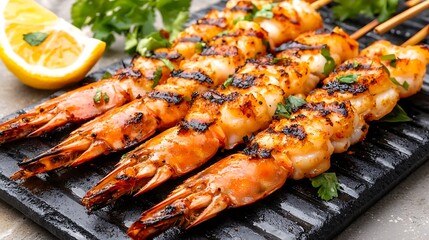 Grilled prawns culinary showcase food stylist studio artistic presentation modern kitchen close-up gourmet delight