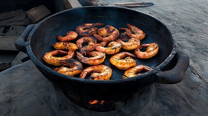 Grilled prawns culinary display coastal kitchen food photography outdoor setting close-up view gourmet experience