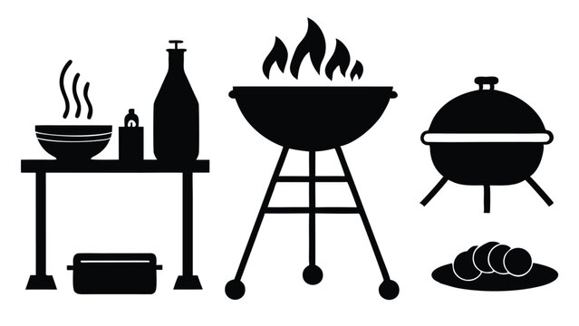 Grilling Icons BBQ Grill, Kettle Grill, Cooking Utensils, and Food Illustrations