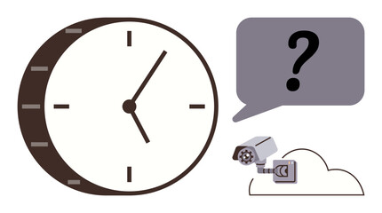 Clock indicating time management, speech bubble with question for communication, surveillance camera for monitoring. Ideal for time, security, communication, uncertainty, privacy, technology