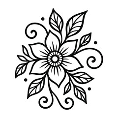 Black and White Flower Line Art with Leaves and Scrolls, Minimalist Floral Design Element