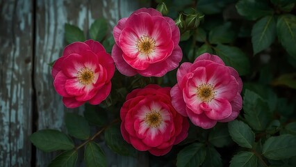 Vibrant Pink Roses Bloom Against Rustic Wooden Background