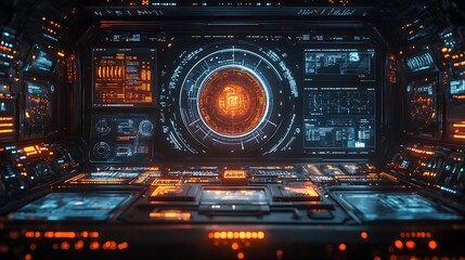 Fototapeta premium A futuristic spaceship control panel with glowing screens and intricate designs showing complex data sets