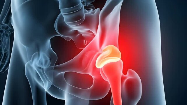 Hip pain animation. Medical visualization of hip joint inflammation, arthritis, bursitis or injury. Healthcare promo, educational content, orthopedic campaigns.