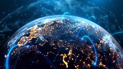 Global Connection Lines. Network Data Transfer Over Earth. Futuristic AI Technology, 5G, Satellite Communication, Internet Connectivity, Big Data, Digital World Background Animation. Crypto Exchange - Powered by Adobe