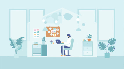 Illustration of a person working on a laptop in a bright room with plants and furniture items
