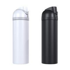 Modern Silver and Black Travel Thermos Bottles with Flip Lids Isolated on Transparent Background.