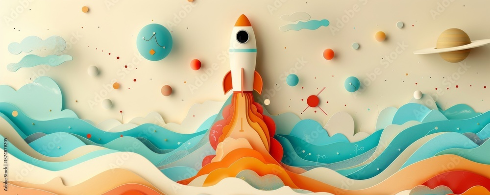 Aufkleber rocket soaring through colorful abstract space landscape with planets and clouds