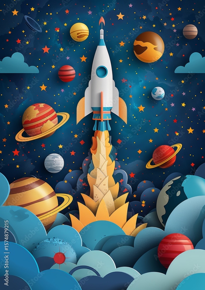 Poster rocket taking off from earth into outer space surrounded by colorful planets and stars