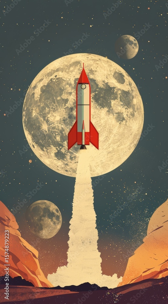 Poster rocket taking off from the moon with abstract design elements