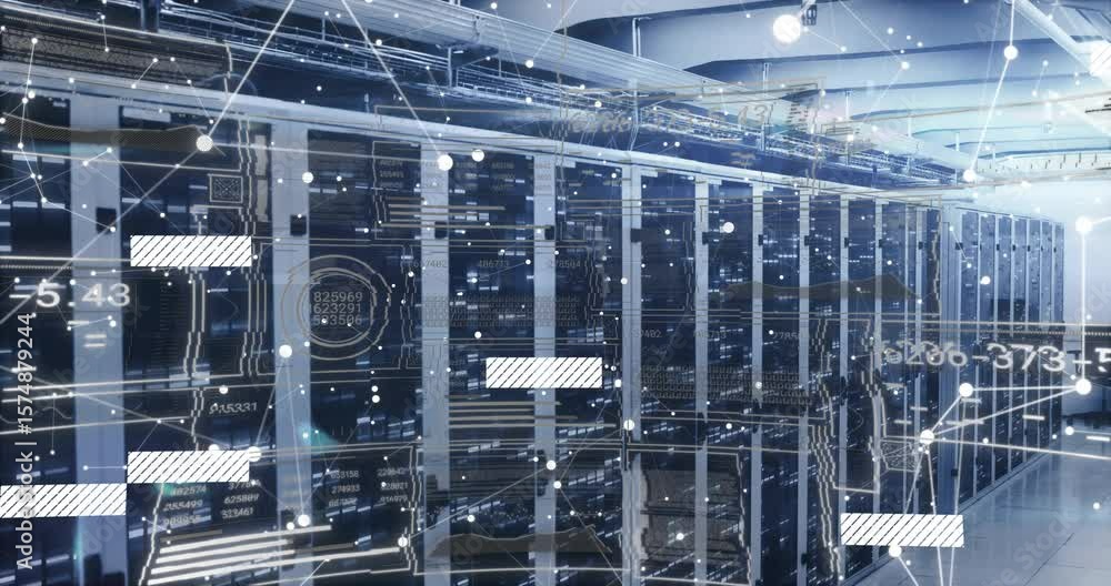 Poster opening network overlay fading server racks bars pulsing codes updating illustrating rising load