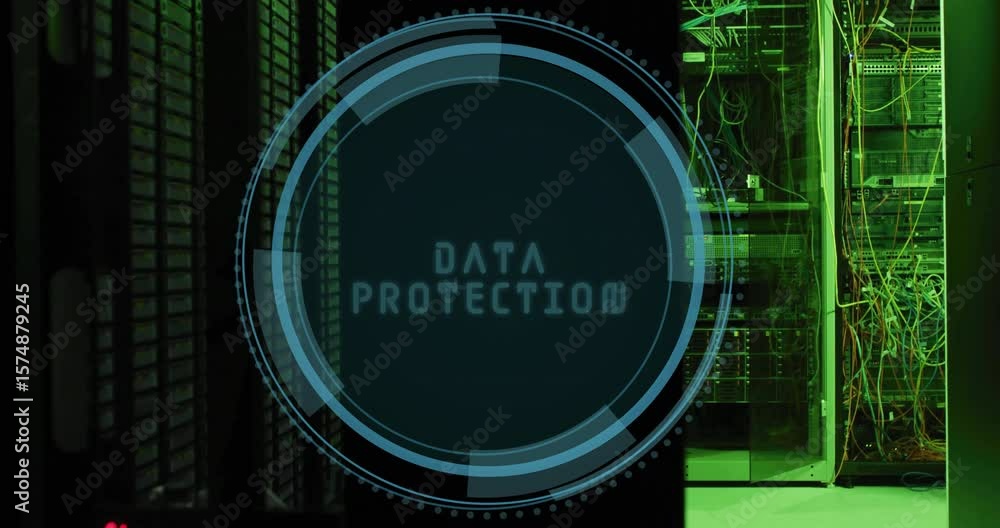 Poster data protection text fading in over shield, holographic circle forming and rotating, securing data