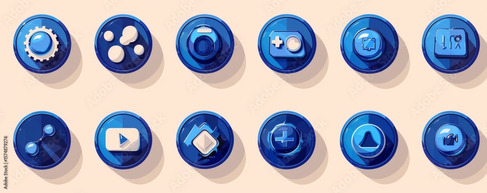 Poster set of blue circle icons for mobile game ui with various design elements