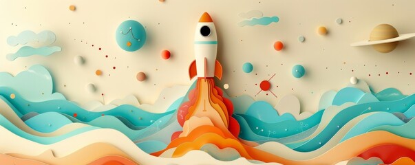 Rocket soaring through colorful abstract space landscape with planets and clouds
